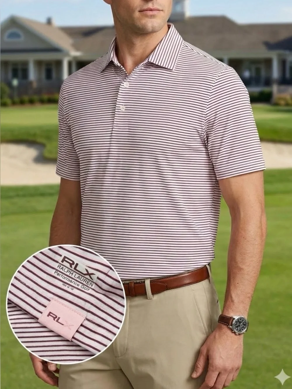 NWT RLX Ralph Lauren Men's Light Pink and Navy Thin-Striped Polo Size Large L